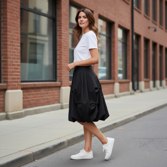 Å½enska v mestnem okolju s Ärno krilo in belim topom, nasmejana.